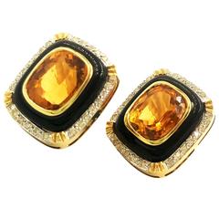 Vintage Intense Vivid Orange Windowed Citrine Diamond Onyx Gold Clip Earrings