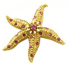 Schlumberger for Tiffany  Ruby Set Starfish Gold Brooch