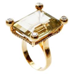 Large 52 Carat Lemon Quartz Diamond Gold Ring