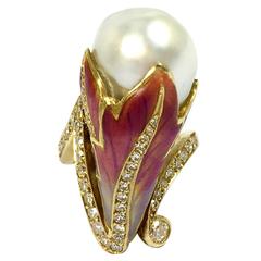 Fairy Enamel South Sea Pearl Diamond Gold Ring