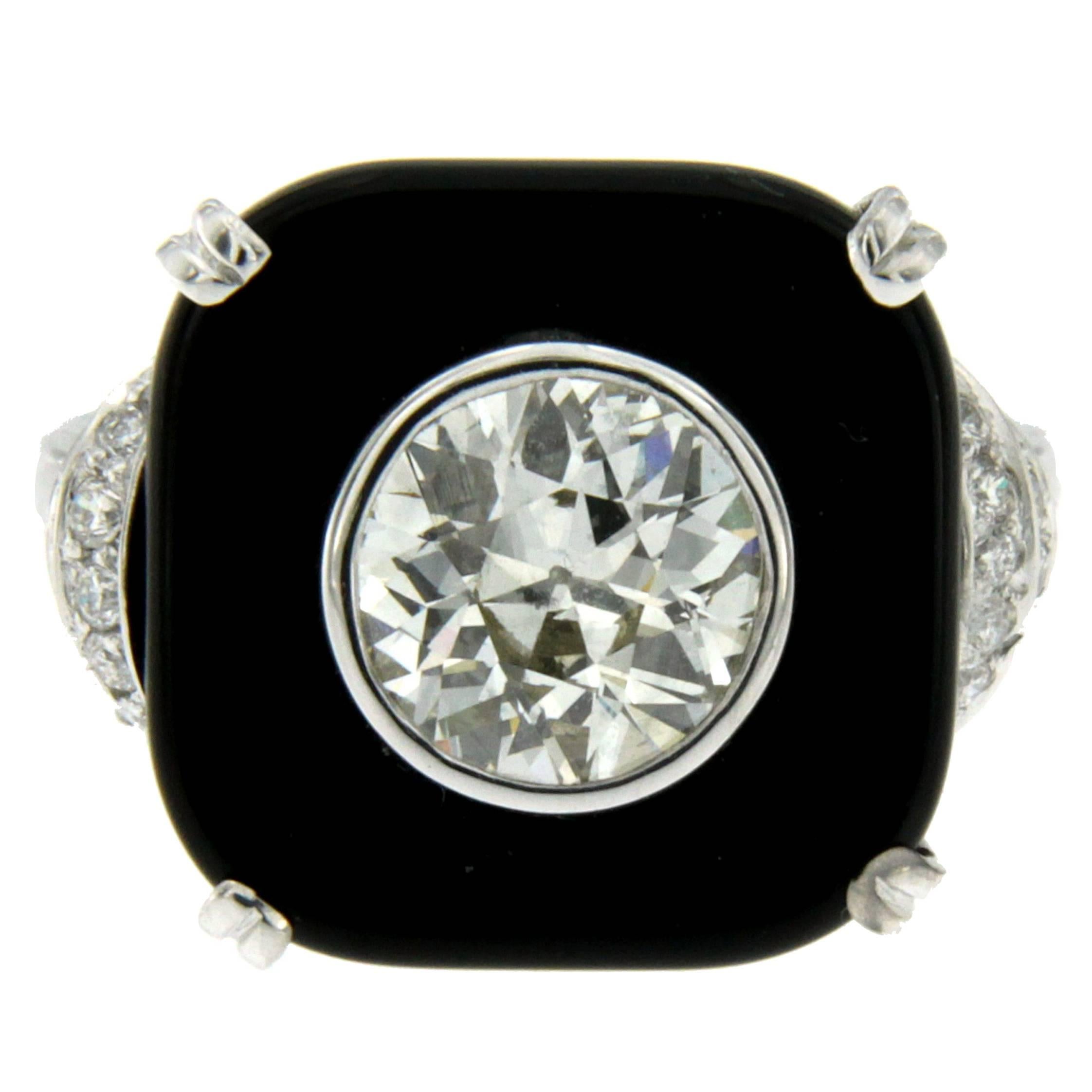 Art Deco Onyx 1.77 Carat Diamond Gold Ring