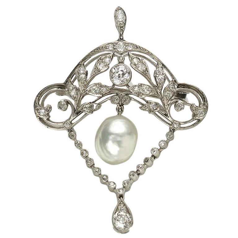 Edwardian Pearl Diamond Platinum Brooch Pendant For Sale