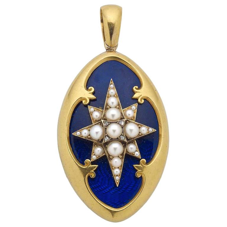 Victorian Blue Enamel Pearl Diamond Gold Locket For Sale at 1stdibs