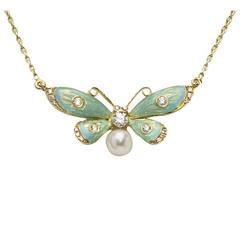 Turquoise Enamel Pearl Diamond Gold Butterfly Pendant