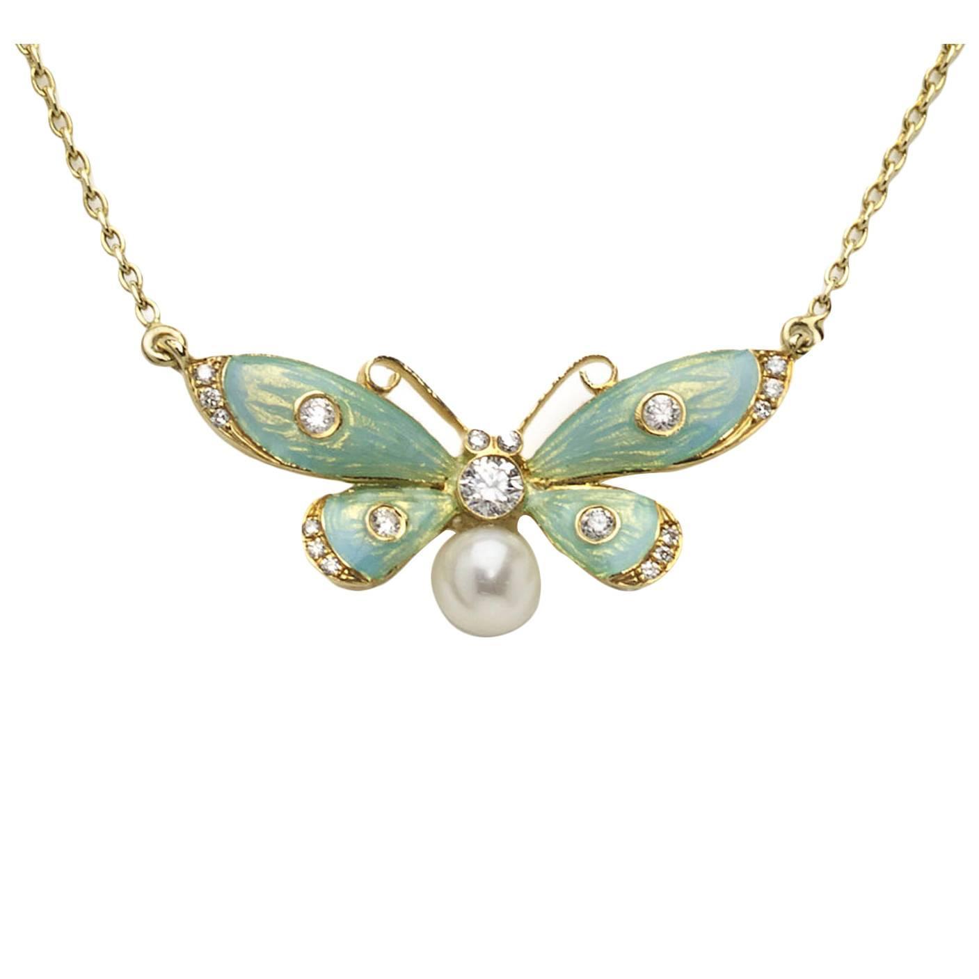 Turquoise Enamel Pearl Diamond Gold Butterfly Pendant at 1stdibs