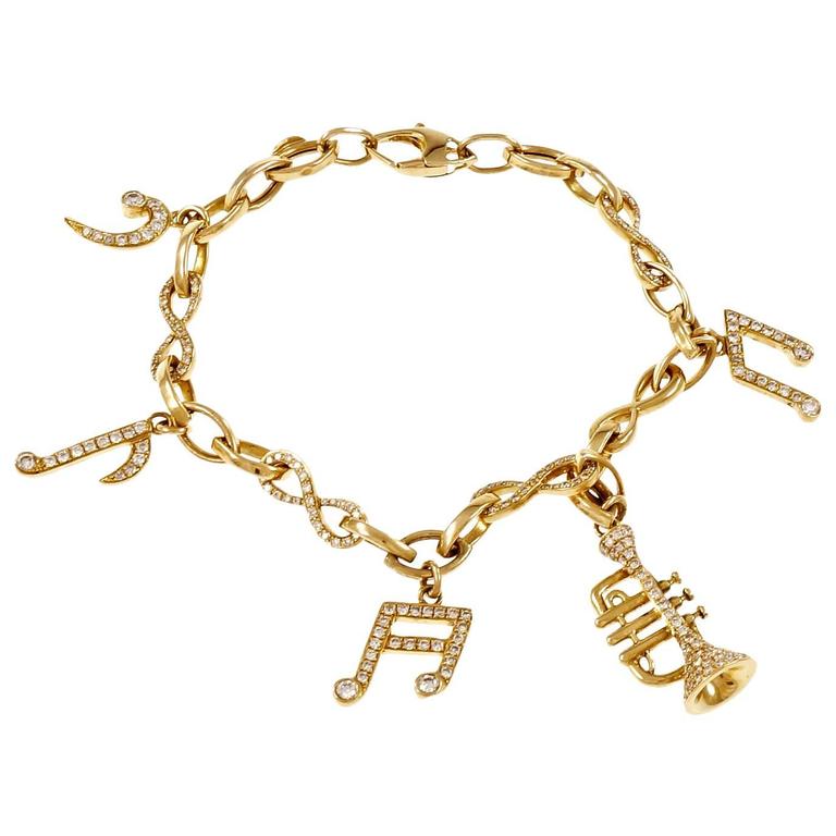 Diamond Gold Music Note Instrument Bracelet For Sale at 1stdibs