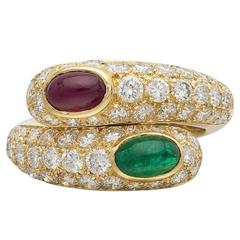 Cartier Ruby Emerald Diamond Gold Bypass Ring
