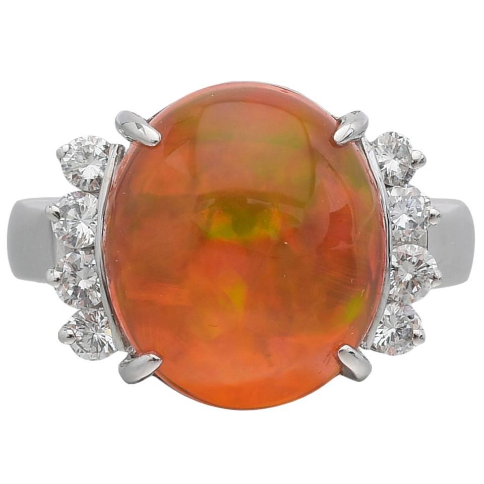 Mexican Fire Opal Diamond Platinum Ring