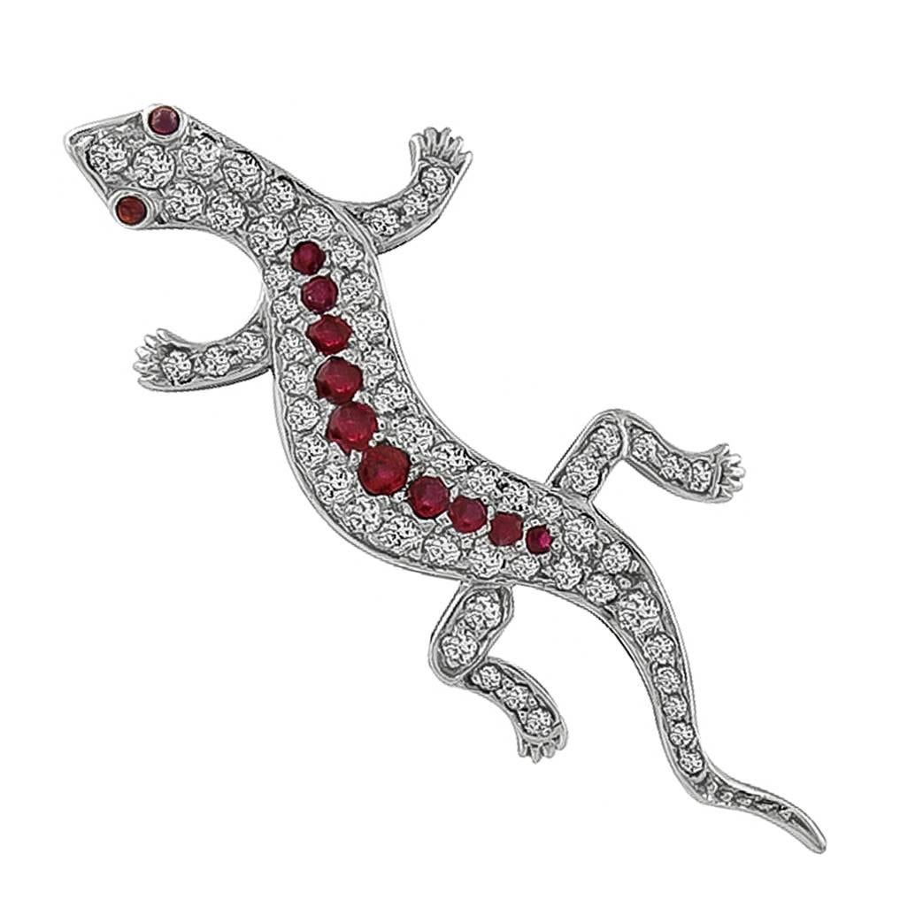 Broche en lézard en or, diamants et rubis en vente