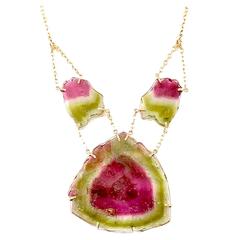 Peter Suchy Pink Green Tourmaline Watermelon Gold Pendant Necklace 