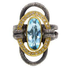 Blue Topaz and Diamond Ring in Oxidized Silver and Gold