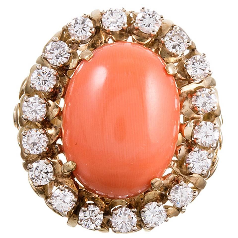 1960s Coral Cabochon Diamond Gold Cluster Ring