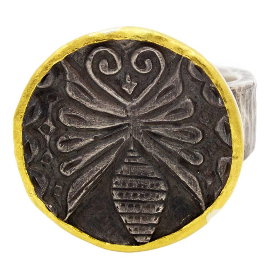 Oxidized Silver Hammered Gold Plate Butterfly Insect Ring