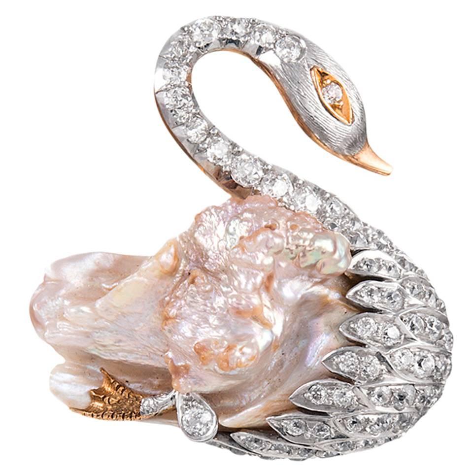 Edwardian Baroque Pearl Diamond Gold Platinum Swan Brooch at 1stdibs