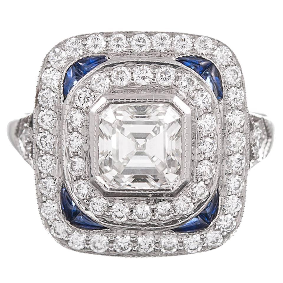 Asscher Diamant-Platin-Doppel Halo-Ring mit Saphir-Akzenten