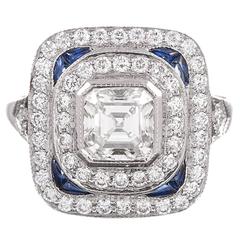 Asscher Diamond Platinum Double Halo Ring with Sapphire Accents
