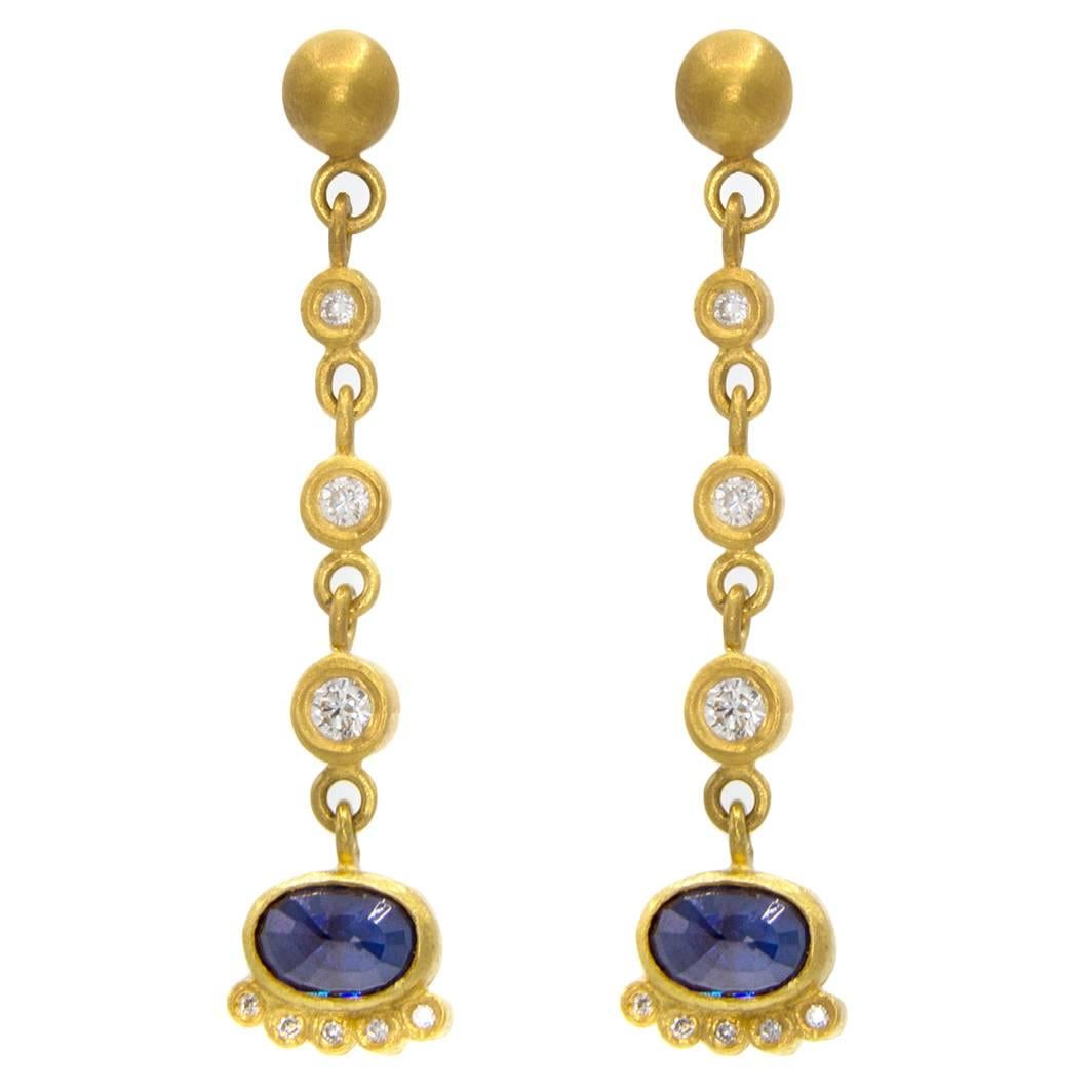 Blue Sapphire Diamond Gold Post Dangle Earrings