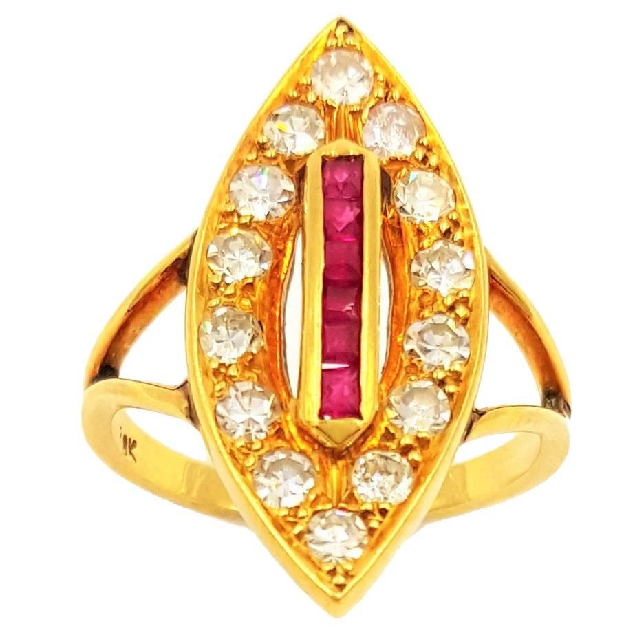 Breathtaking Retro .50 Carat of Ruby 1 Carat of Diamonds in 18K Yellow Gold Ring For Sale