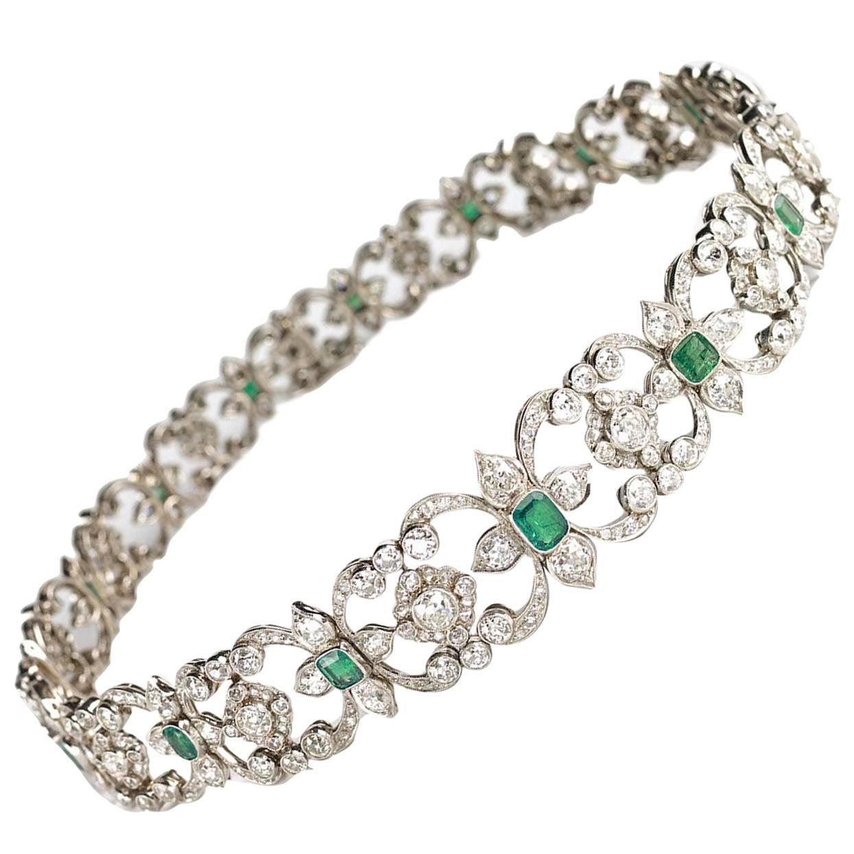 Edwardian Emerald Diamond Platinum Necklace Bracelet 