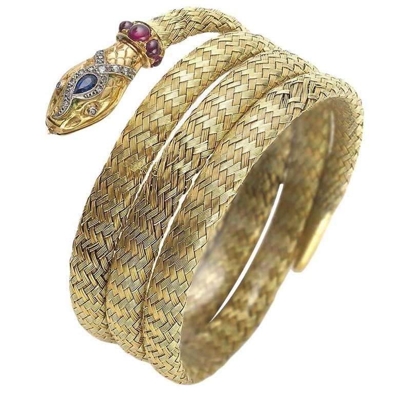 Gem Set Two-Color Woven Gold Snake Bracelet For Sale at 1stdibs