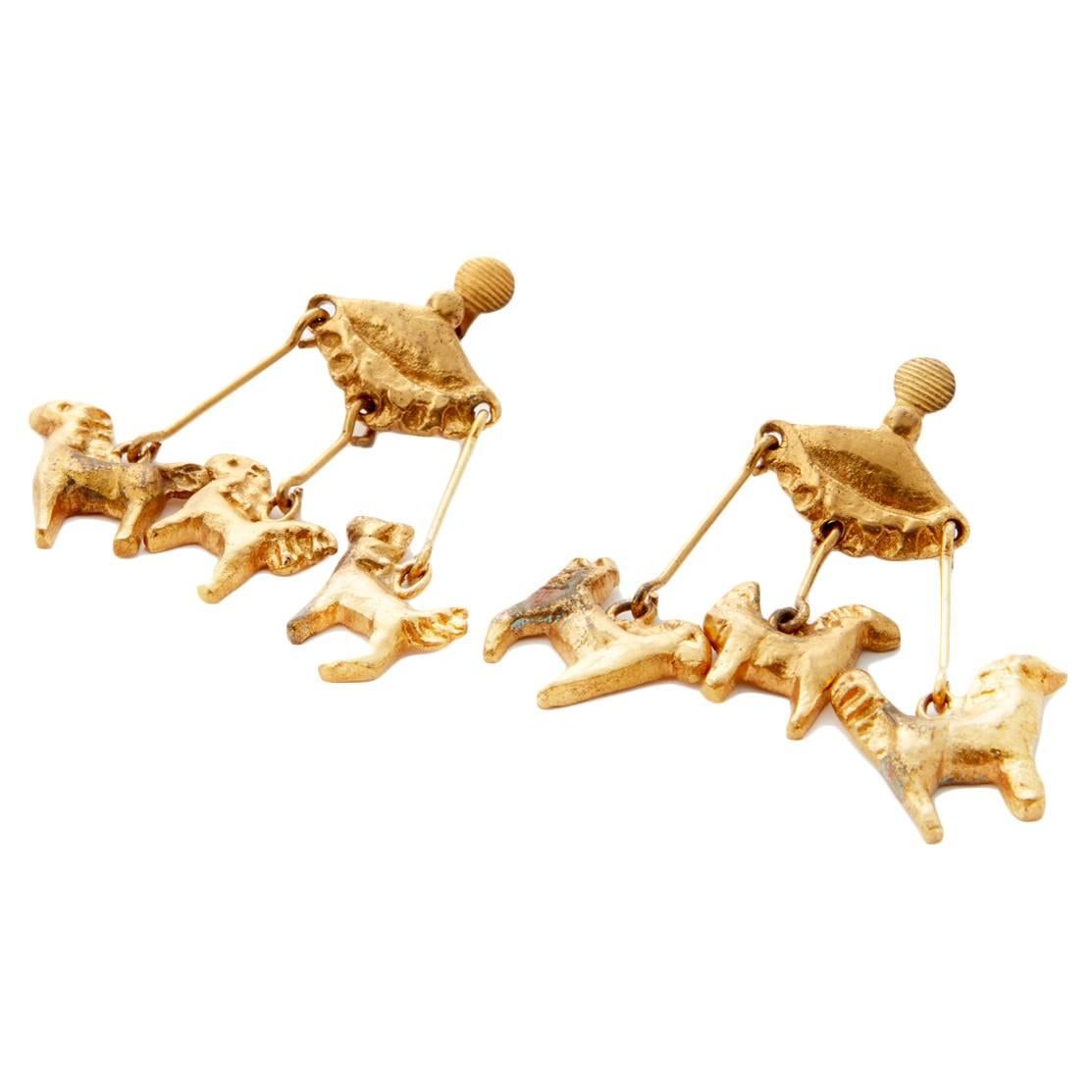 LG Treasures 1945 Line Vautrin Carousel Gilt Bronze Earrings For Sale