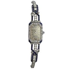 Vintage Art Deco Ladies Platinum Diamond Sapphire Manual Wristwatch circa 1930s