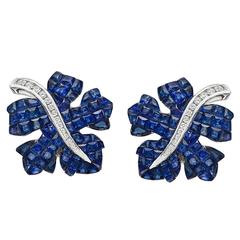 Invisibly-Set Sapphire Diamond Gold Leaf Earrings