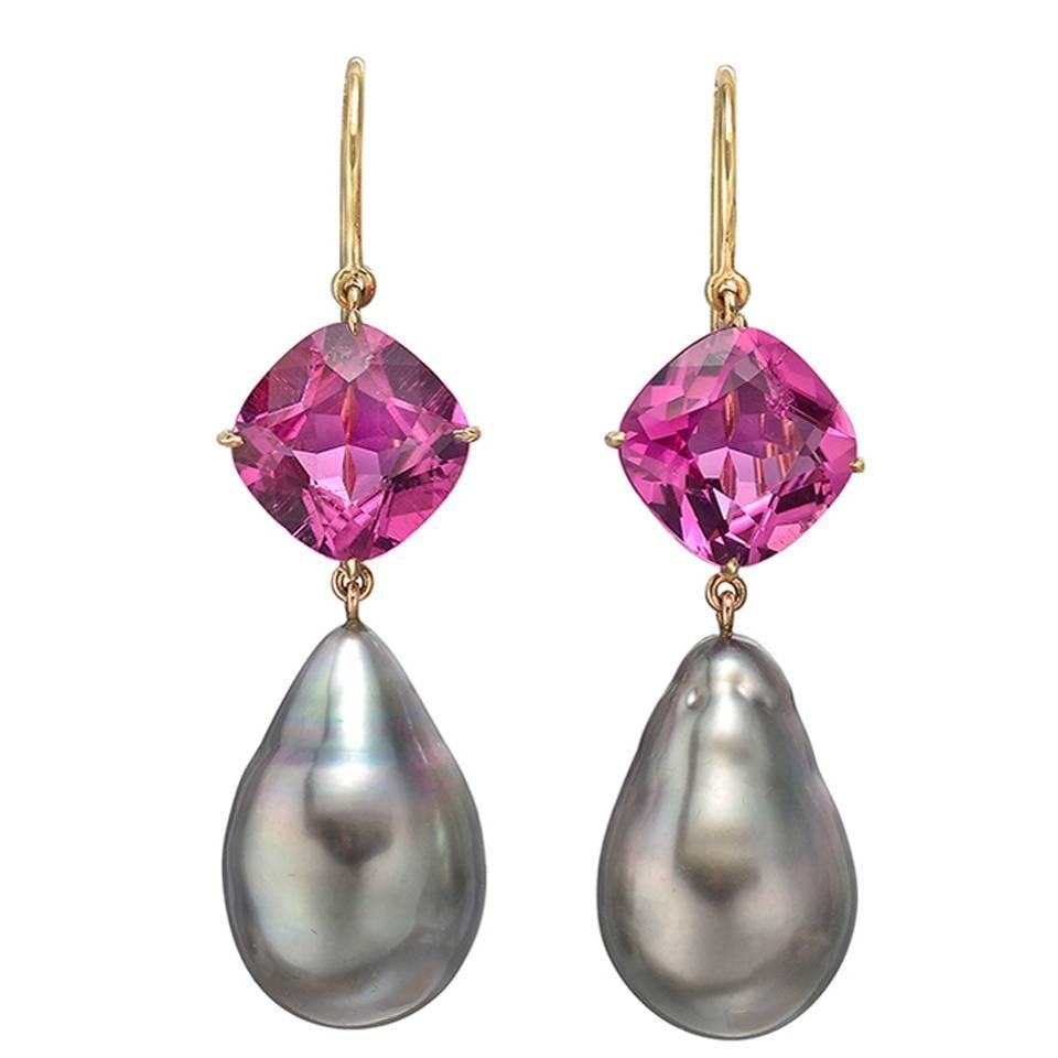 Baroque Pearl Pink Tourmaline Gold Drop Earrings