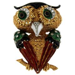 1980s Italian Enamel Diamond Gold Owl Brooch