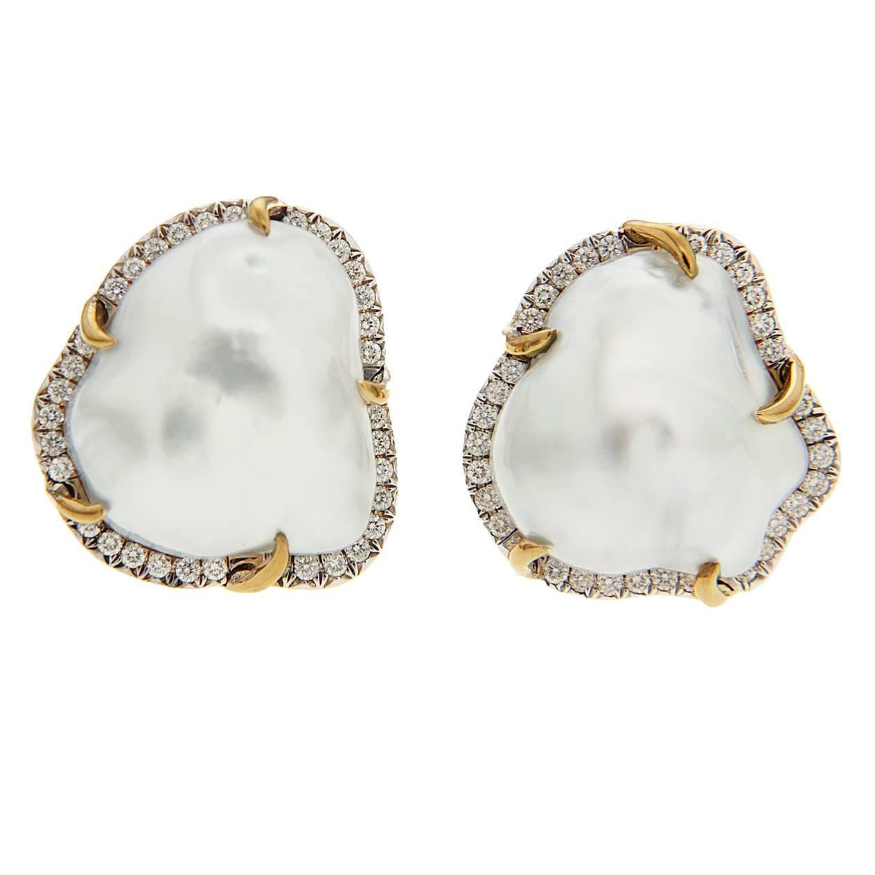 Baroque Pearl Earrings with Pave Diamond and Gold Claws