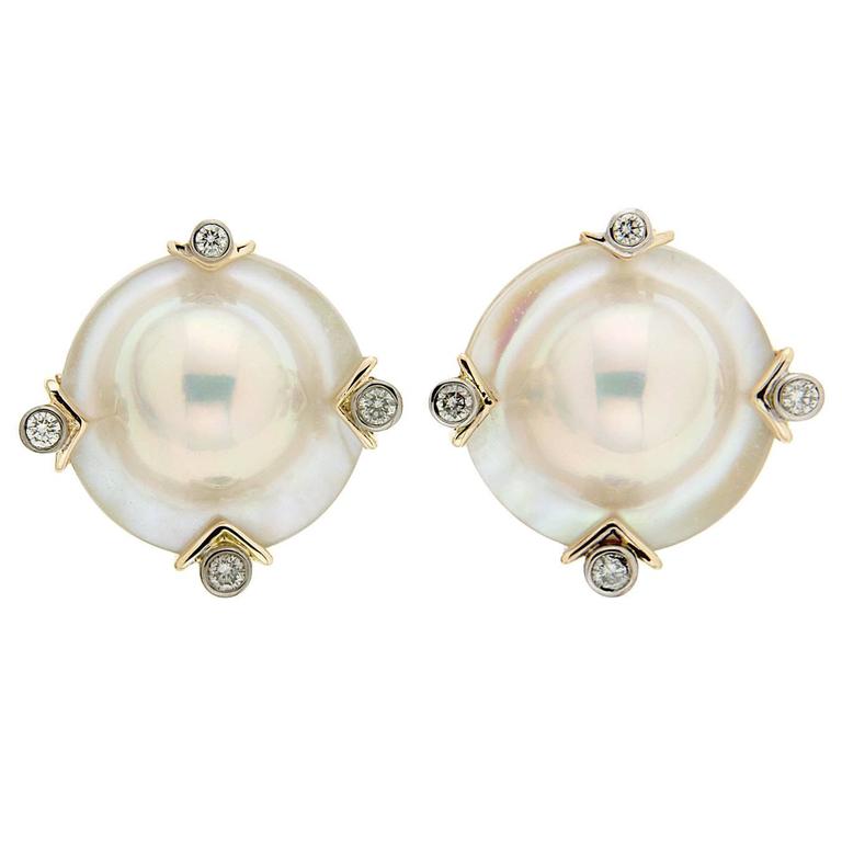 Blister Pearl Bezel Set Diamonds Gold Clip-On Earrings at 1stDibs