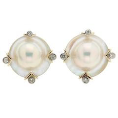 Blister Pearl Bezel Set Diamonds Gold Clip-On Earrings 