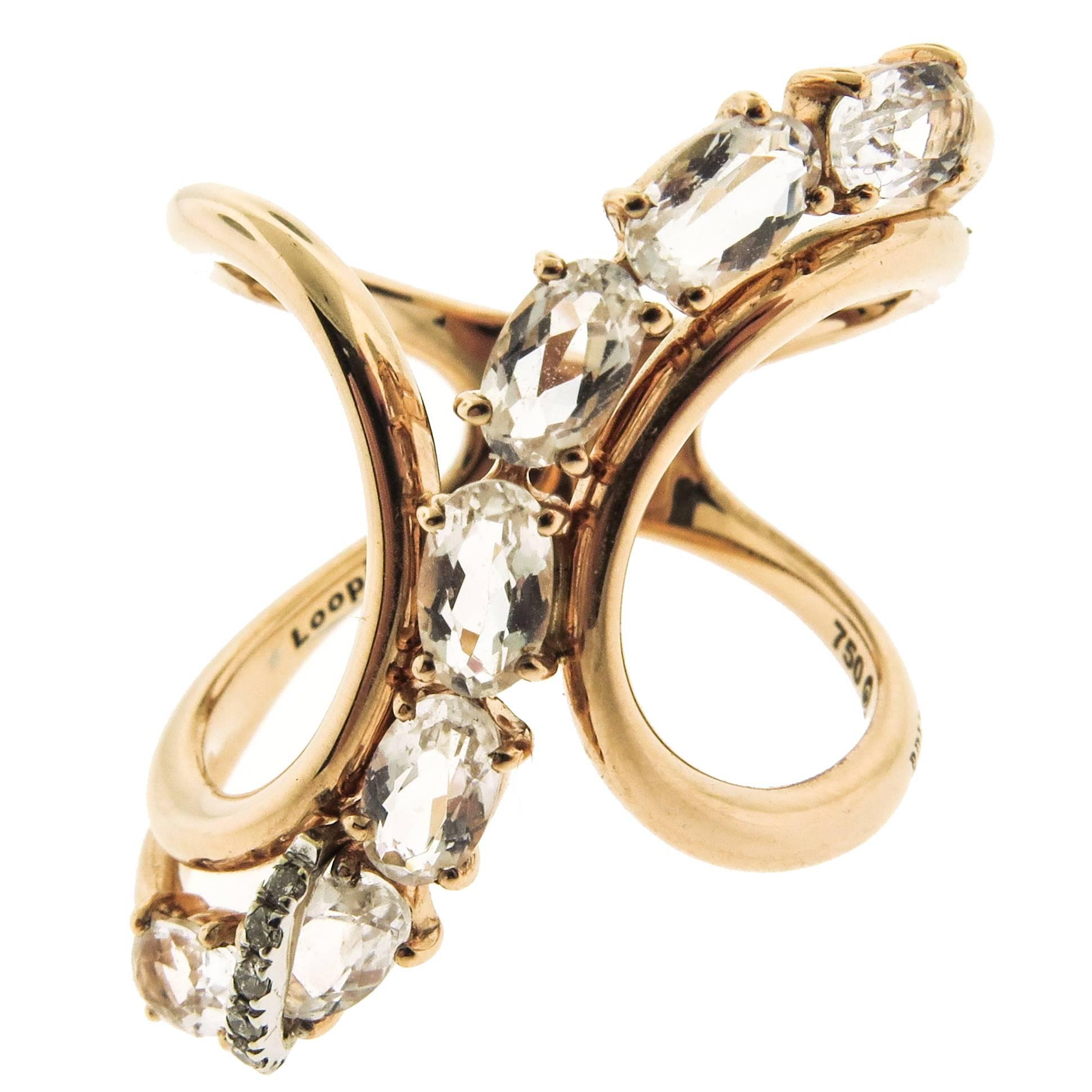 Brumani Rose Quartz Diamond Gold Looping Shine Ring 