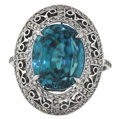 Huge 18 Carat Blue Zircon Diamond Platinum Engraved Ring