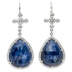 21.20 Carats Non Heat Treated Pear Shaped Sapphire Slice Diamond Gold Earrings 