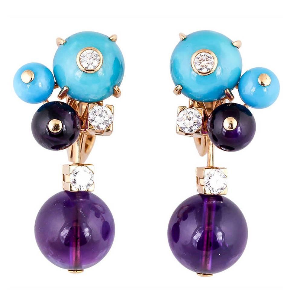 Cartier Les Delices Turquoise Amethyst Diamond Gold Earrings