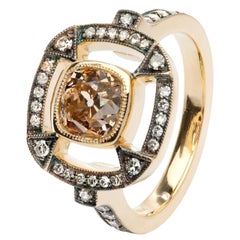 1.51 Carat Orange Brown Cushion Cut Diamond 18 Karat Gold Halo Ring