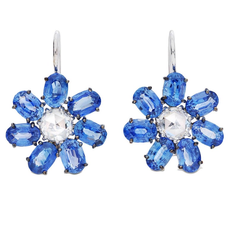 Oval Pastel Blue Sapphire Diamond Gold Flower Shaped Earrings at