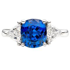 4.30 Carat GIA Cert Non Heat Blue Sapphire Diamond Platinum Ring