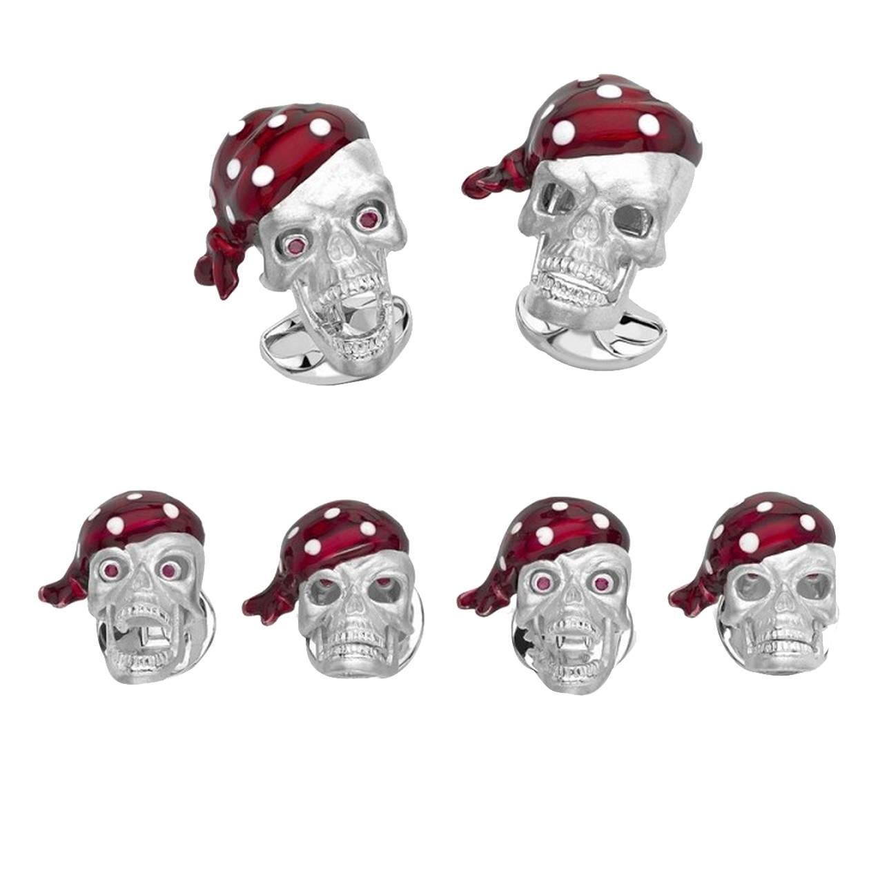 Deakin & Francis Sterling Silver Pirate Skull Dress Stud Set with Ruby Eyes