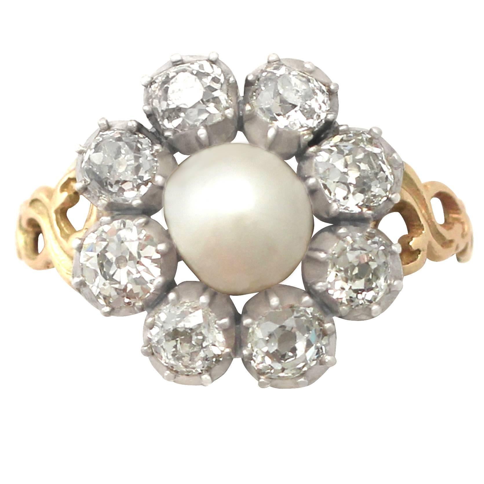 1820s Pearl and 1.62 Carat Diamond Yellow Gold Cocktail Ring