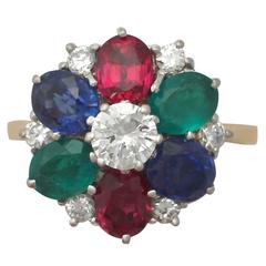 Garnet, Sapphire, Emerald, Diamond and 18k Yellow Gold Cluster Ring 3