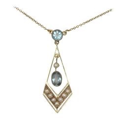 1900s Seed Pearl and 0.69 Carat Aquamarine, 9k Yellow Gold Pendant 11