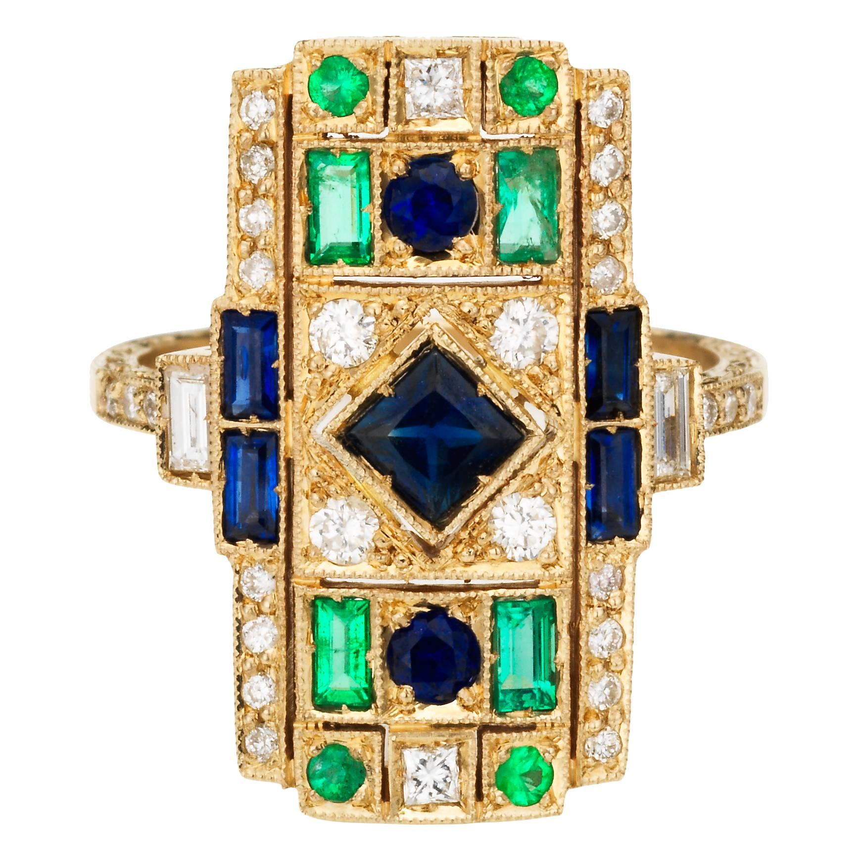 Sabine Getty Blue Sapphire Emerald Diamond Harlequin Ring