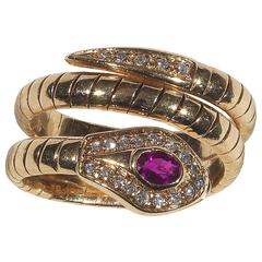 Ruby Diamond Gold Snake Ring