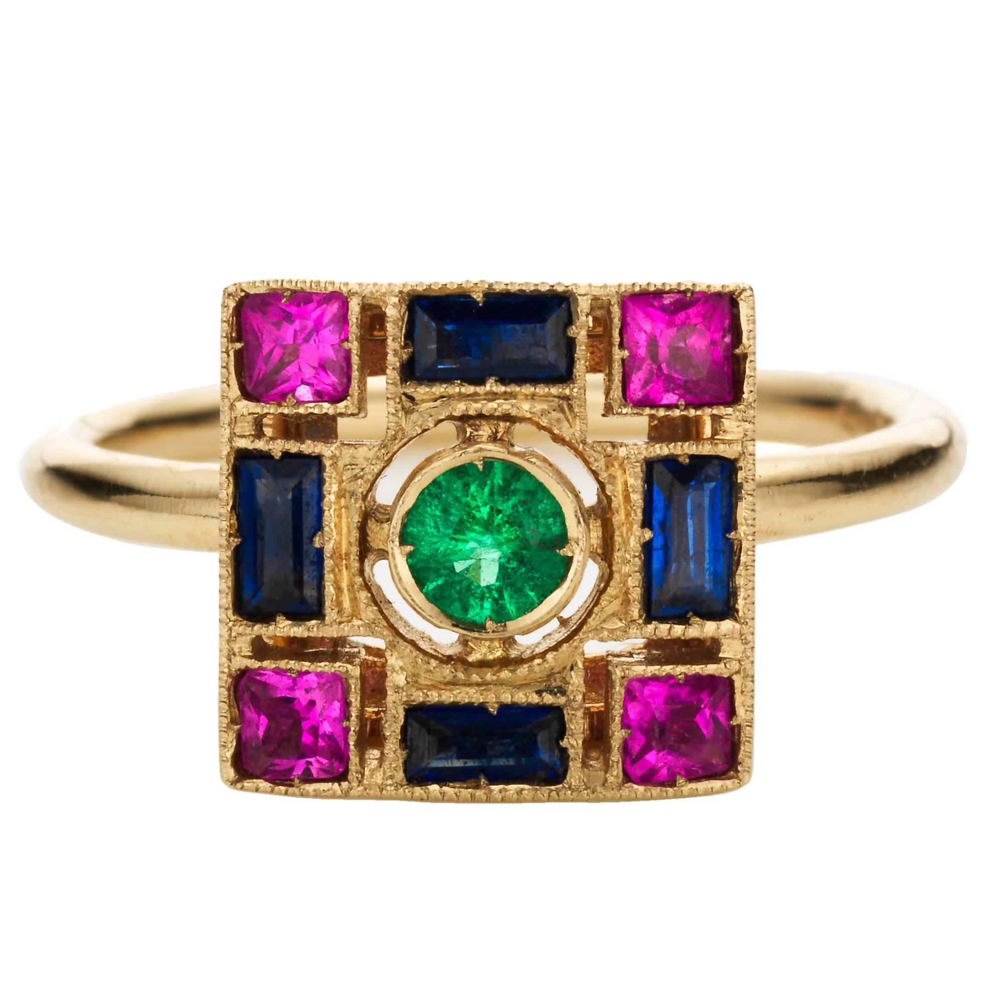 Sabine Getty Blue and Pink Sapphire Emerald Harlequin Ring For Sale