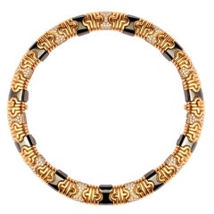 1980s Bulgari Hematite Pave Diamond Gold Parenthesis Necklace