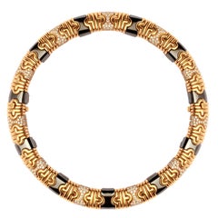 Retro 1980s Bulgari Hematite Pave Diamond Gold Parenthesis Necklace 