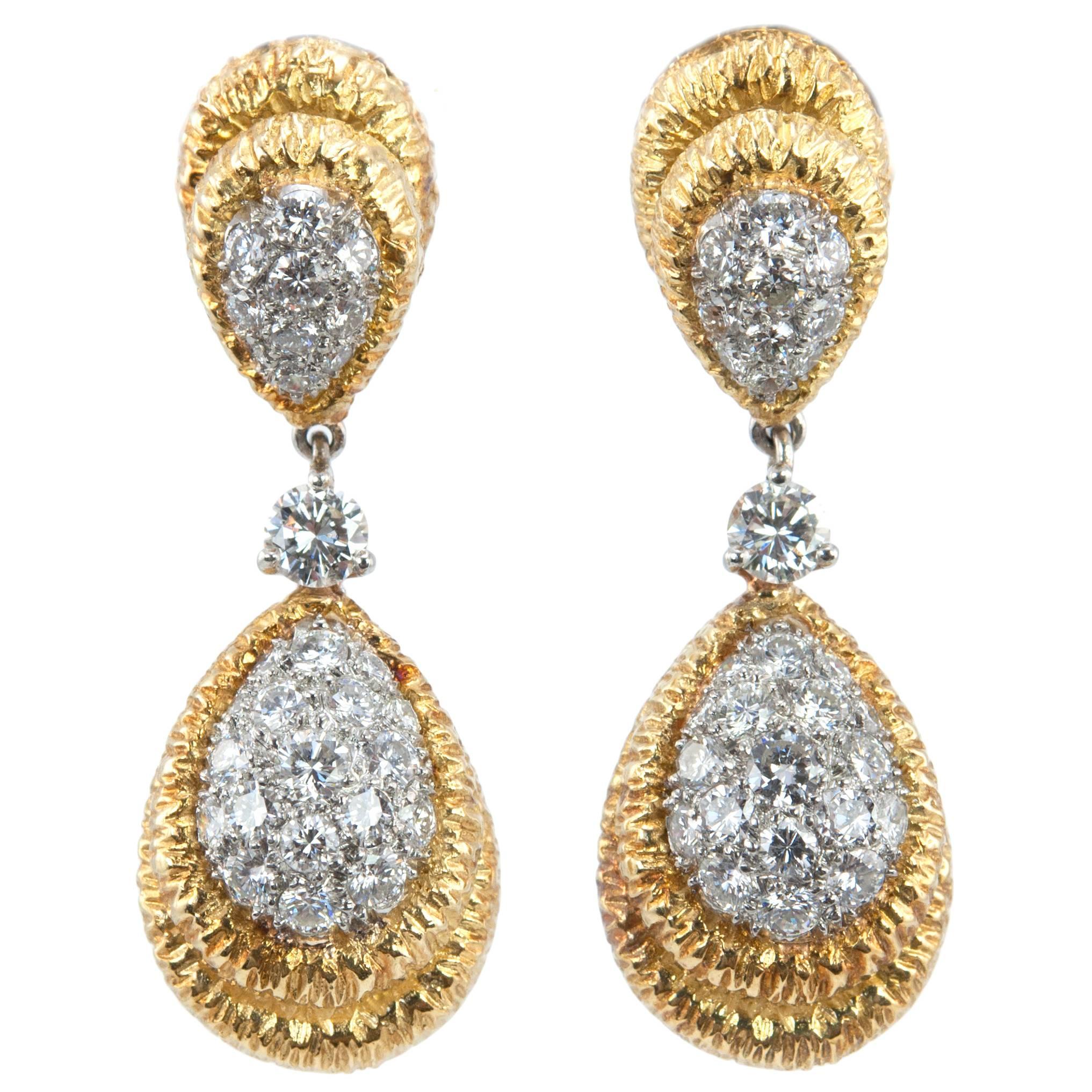 Diamond Gold Platinum Dangle Earrings  For Sale