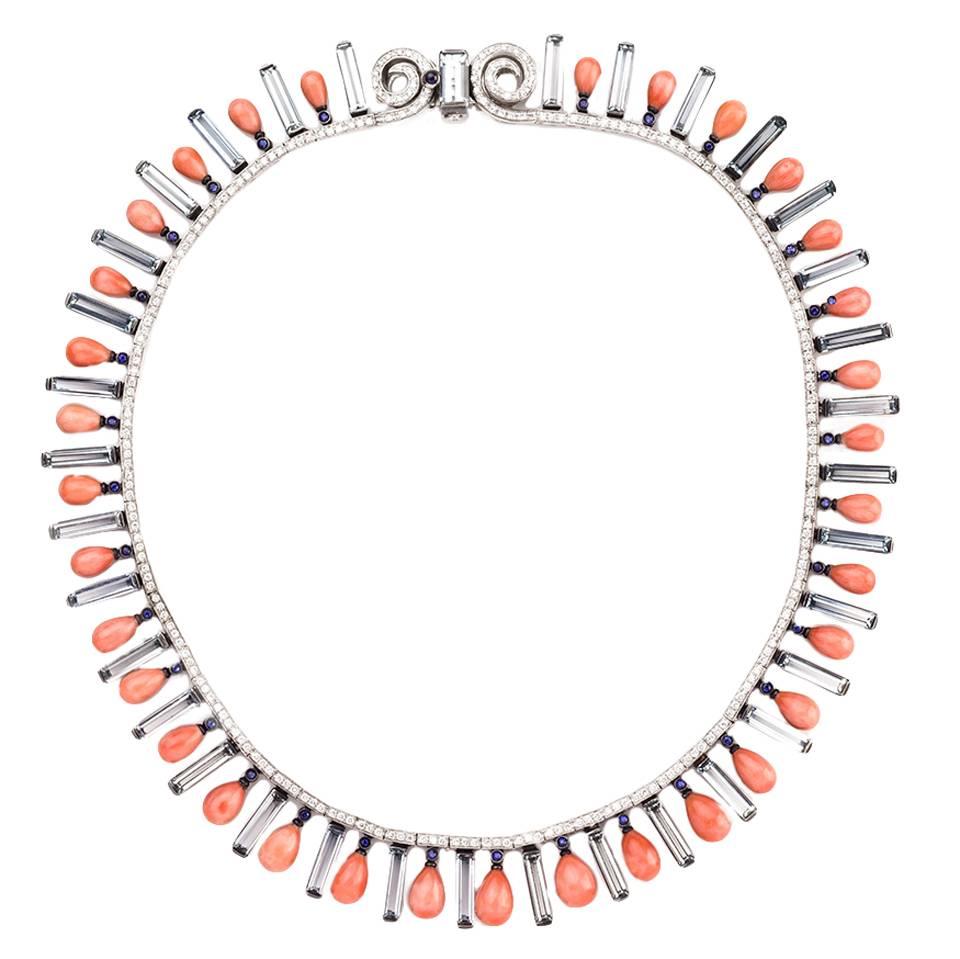 Coral Diamond Aquamarine Sapphire Fringe Collar Necklace